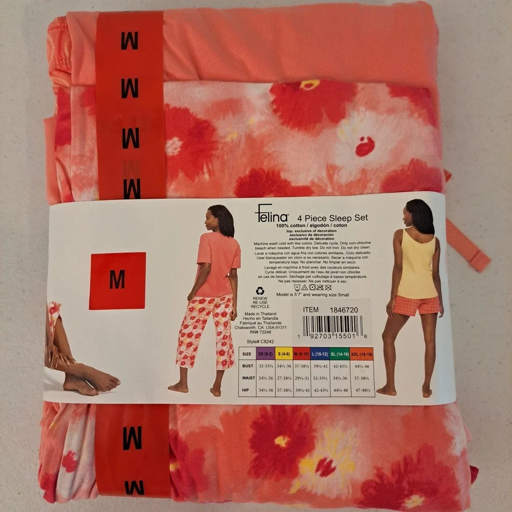 Felina Womens Sleep Set M Pink NWT 4pc Cotton Tee Cami Short 1728-280